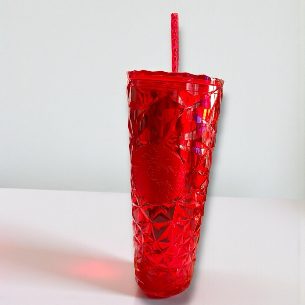 Starbucks Christmas 2023 Red‎ Diamond Prism Crystal Tumbler Cold Cup 24oz Venti